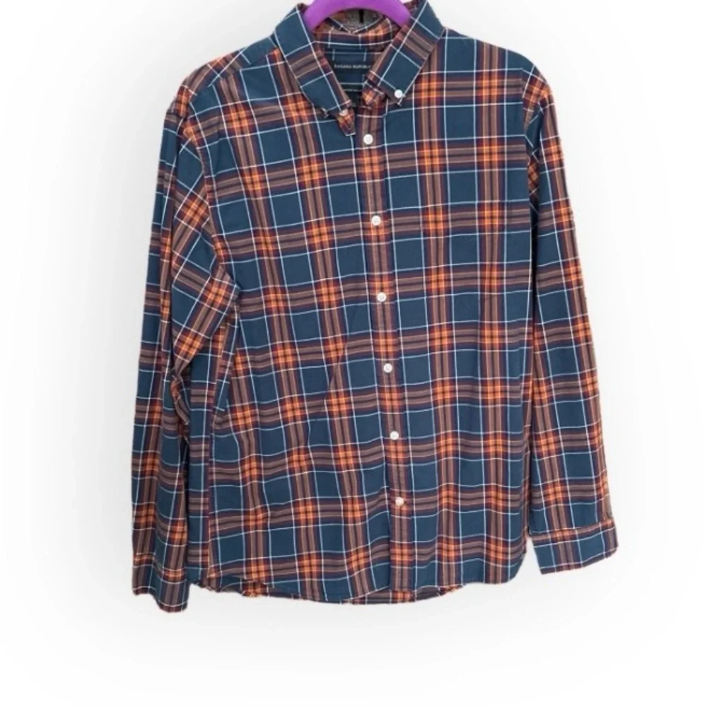Banana Republic Untucked Slim Fit Plaid Cotton Button Down Shirt Size L Casual